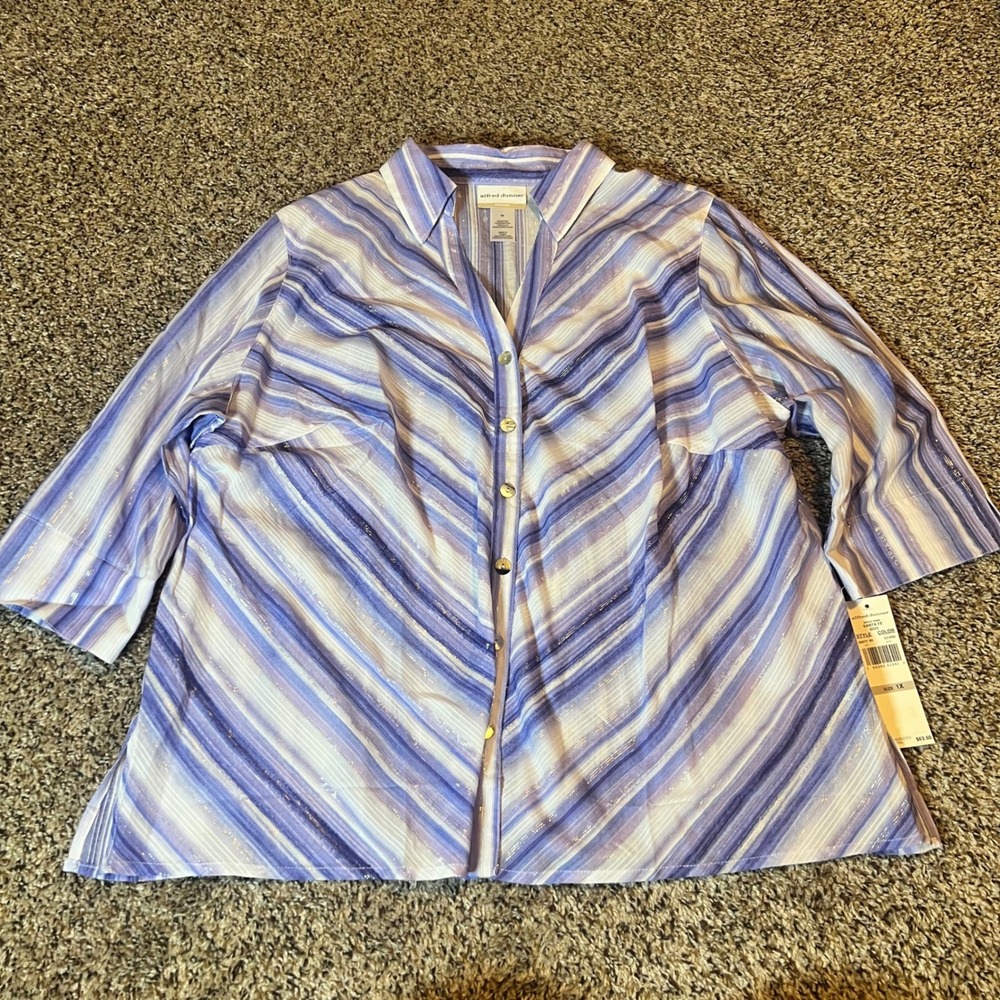 Alfred Dunner Women's 1X Purple Blue Stripe Metallic Button Down Shirt Top